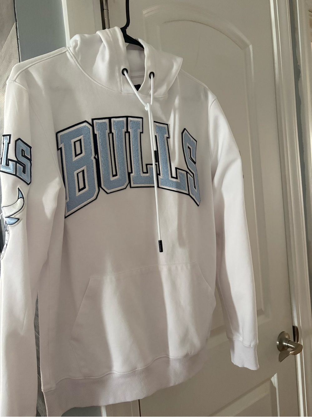White 'BULLS' Hoodie with Light Blue Lettering